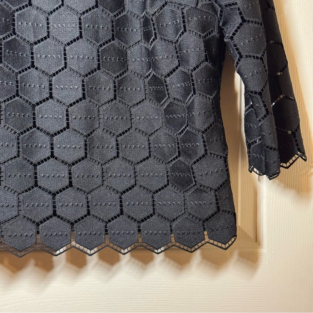 NEW $129 RSVP by Talbots Top Size L Black Geometric Blouse Lace Overlay Top NWT - Picture 4 of 8
